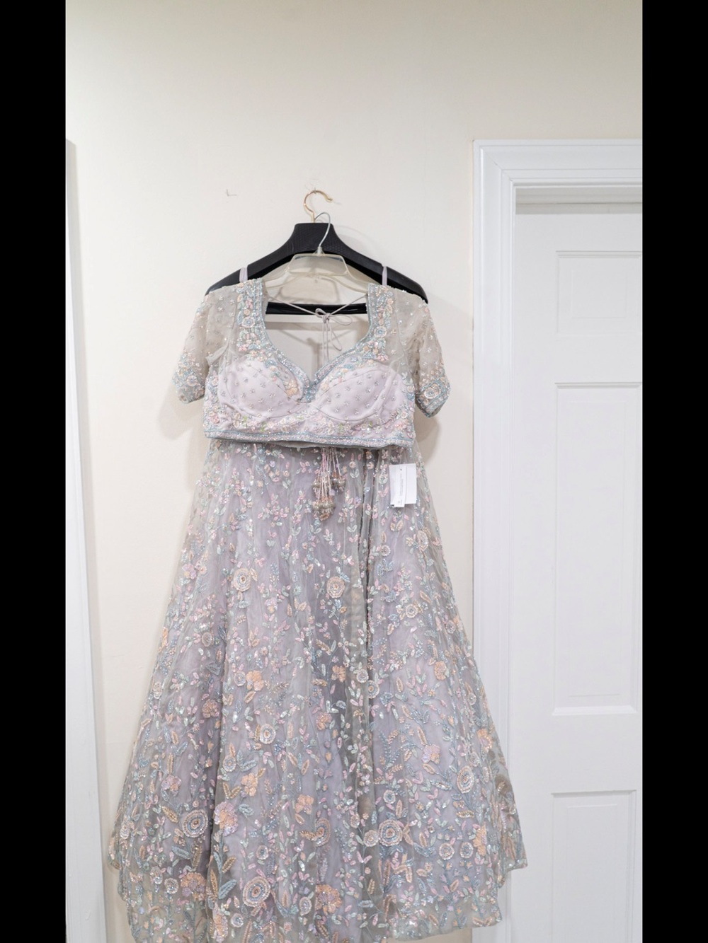 Embroidered Pastel Floral Lehenga Set - Silver Gray & Pastel Accents
